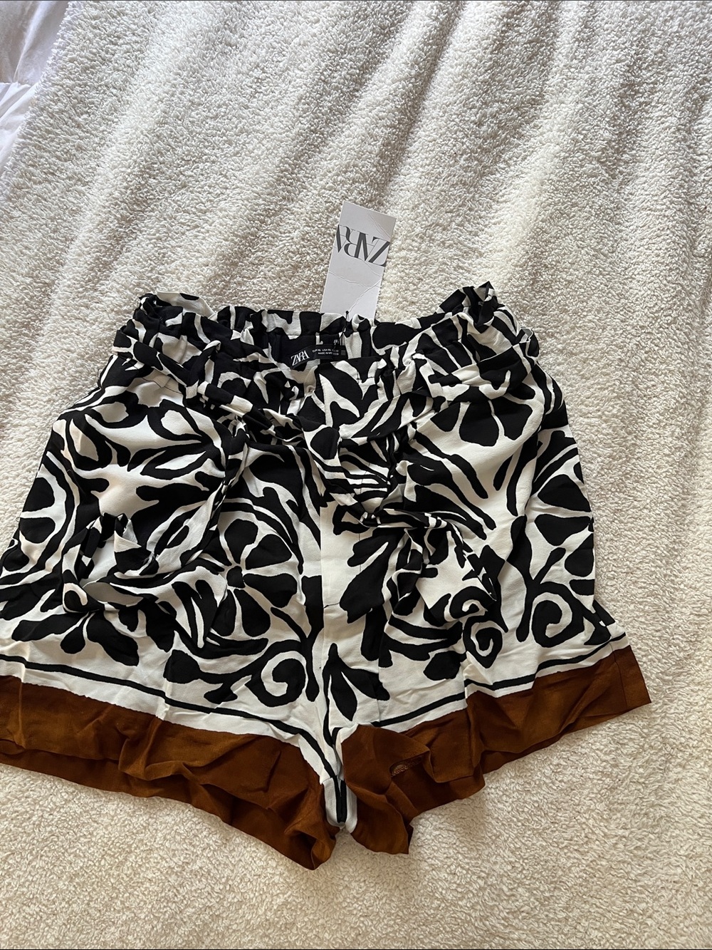 Zara Black & White Floral Paperbag Waist Shorts with Brown Trim